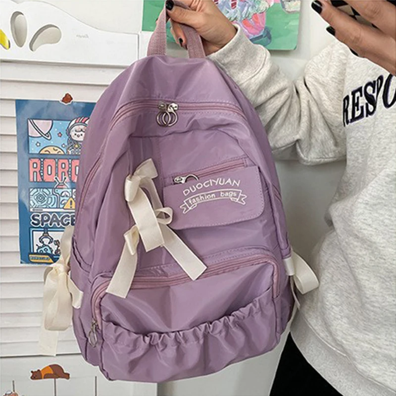 Back to School Backpack Cute Bow Nylon Letter Embroidery School Bag Large Capacity with Dual Zippers Adjustable Straps Backpack