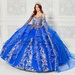 Royal Blue Quinceanera Dress Ball Gown Gold Lace Applique Beading Ruffles With Cape Sweet 16 Birthday Vestidos De 15 Años