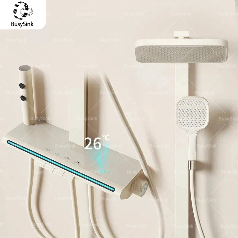 

Milky White Square Tube Shower Set Intelligent Ambient Light Digital Display Piano Keys Household Temperature Shower System Set