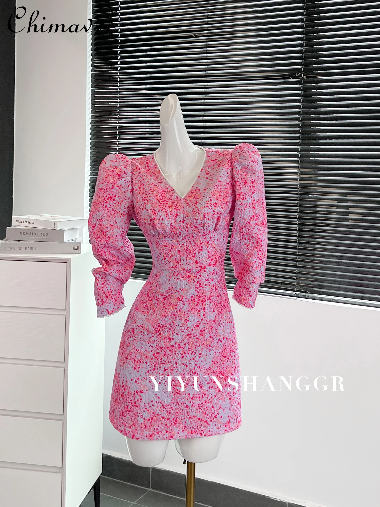 

French Socialite Princess Style Floral Print Beaded V-neck Half Sleeve High Waist A-Line Slim Fit Sweet Pink Short Dress Women