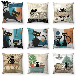 Retro Zwarte Kat Cartoon Anime Kat Franse Decoratieve Slaapkamer Sofa Seat Auto Restaurant Studeerkamer Kussensloop Mouw