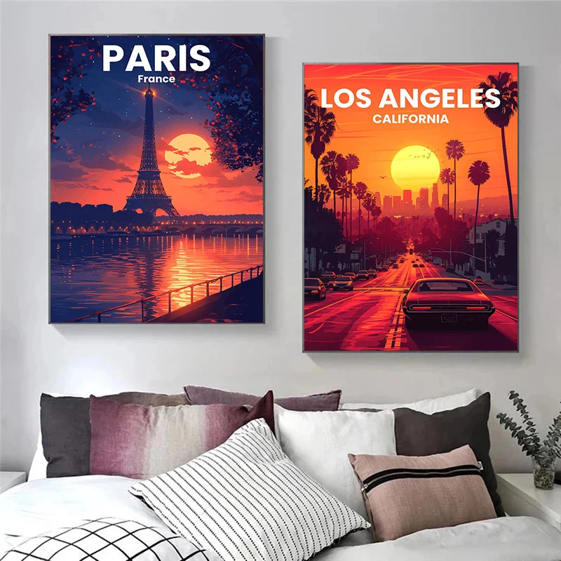 Modern Travel Cities Santorini Rome Crete Paris London Art Poster Canvas Prints Wall Art Painting for Home Living Room Decor
