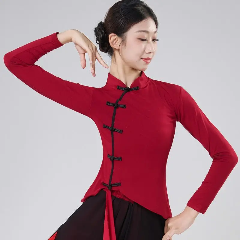 古典的なチャイナドレスダンス衣装トップスクエアダンスパフォーマンス服長袖吸湿発散性リヨセルプロのダンサー