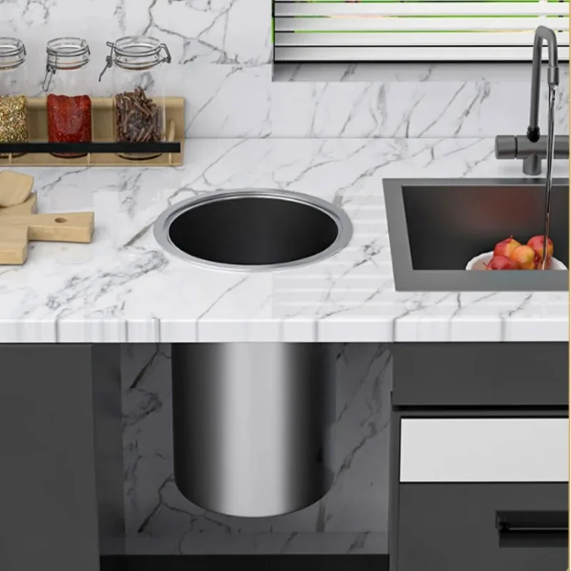 Embedded Stainless Steel Flip-Top Storage Bucket with Hidden Concealed Cover for Countertop, Concealed Installation Cleaning Bin