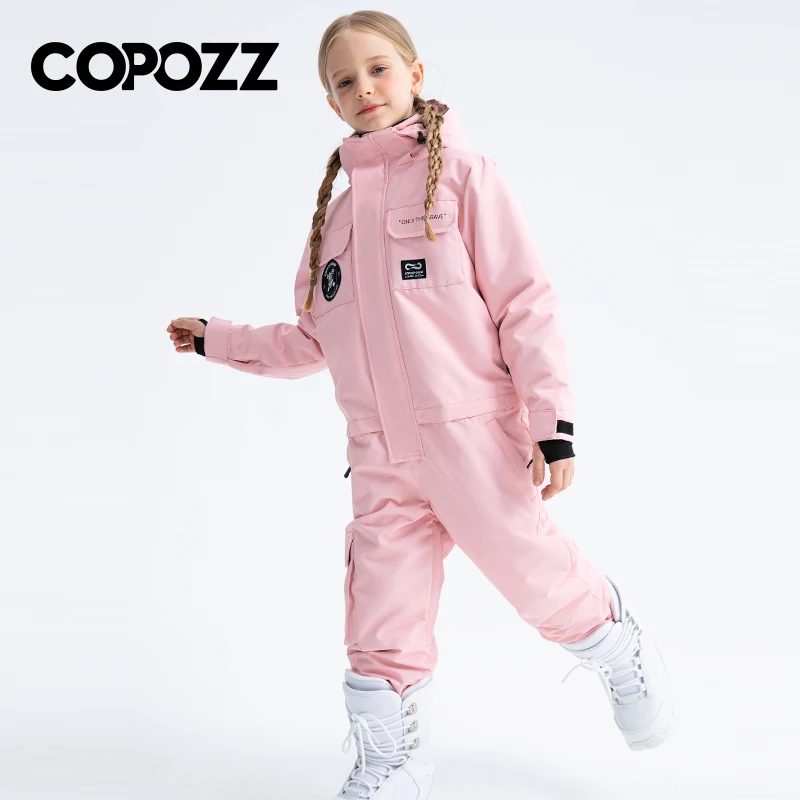 COPOZZ Jaket Ski Anak-anak Tebal Jumpsuit Snowboard Anak-anak Pakaian Melompat Hangat Tahan Air Musim Dingin Bertudung Pakaian Overall Anak Laki-laki dan Perempuan