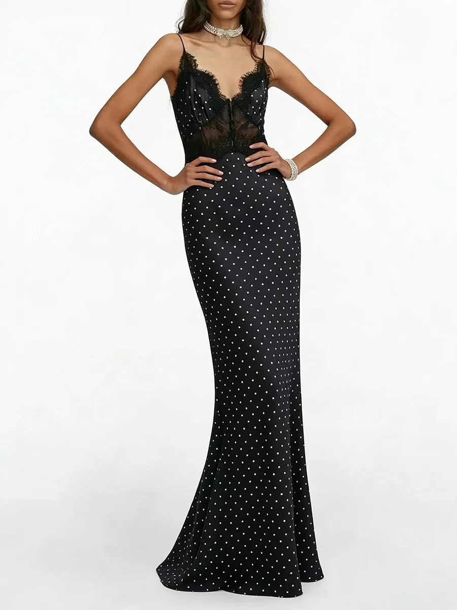 VGH Vintage Black Polka Dot Spaghetti Strap Maxi Dress for Women V Neck Spliced Sheer Lace Mermaid Skirt for Galas Red Carpet - view 3