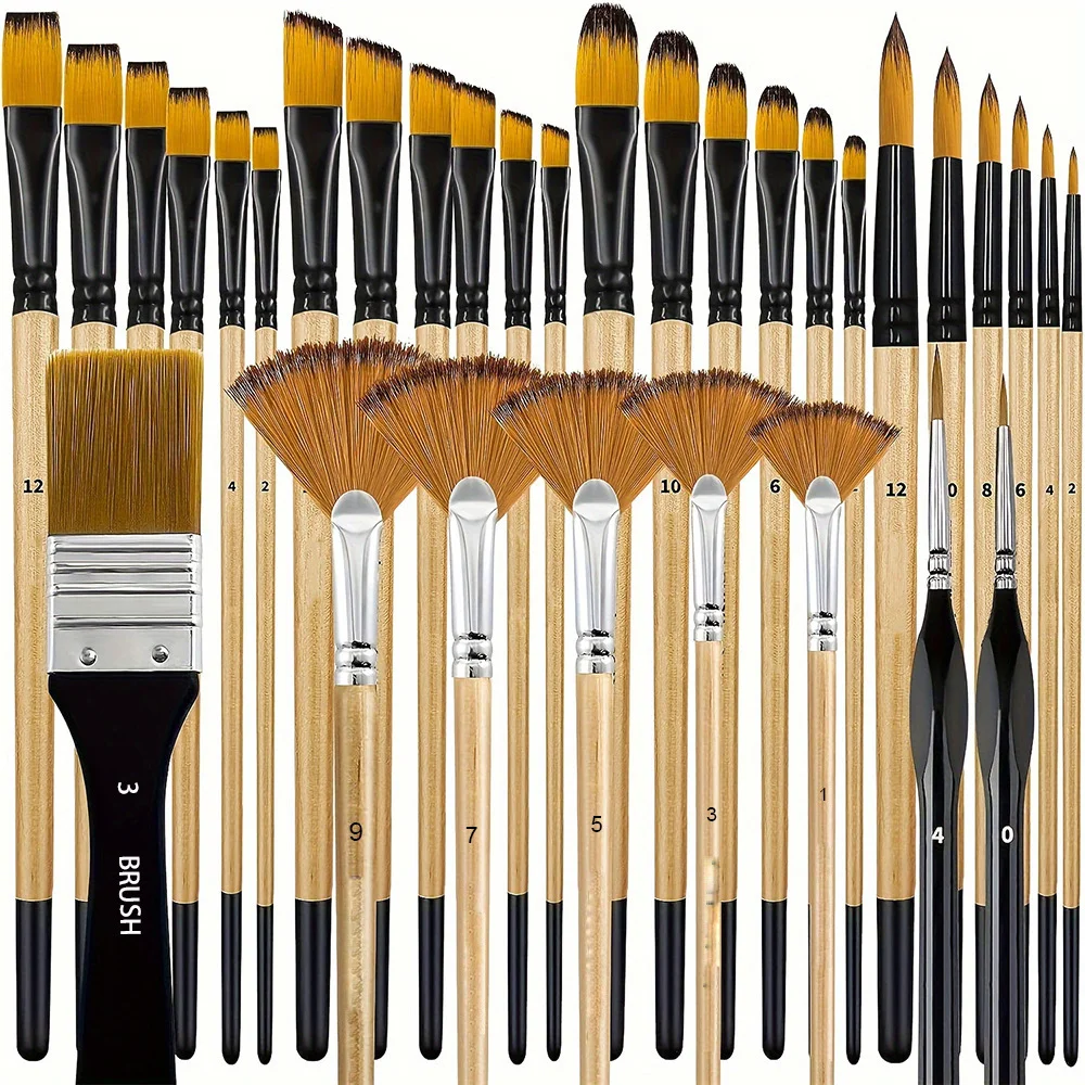 28/32Pcs Nylon Paint Brush Set, Round Filbert Flat Fan Angle Detail Brushes for Acrylic Watercolor Oil Painting