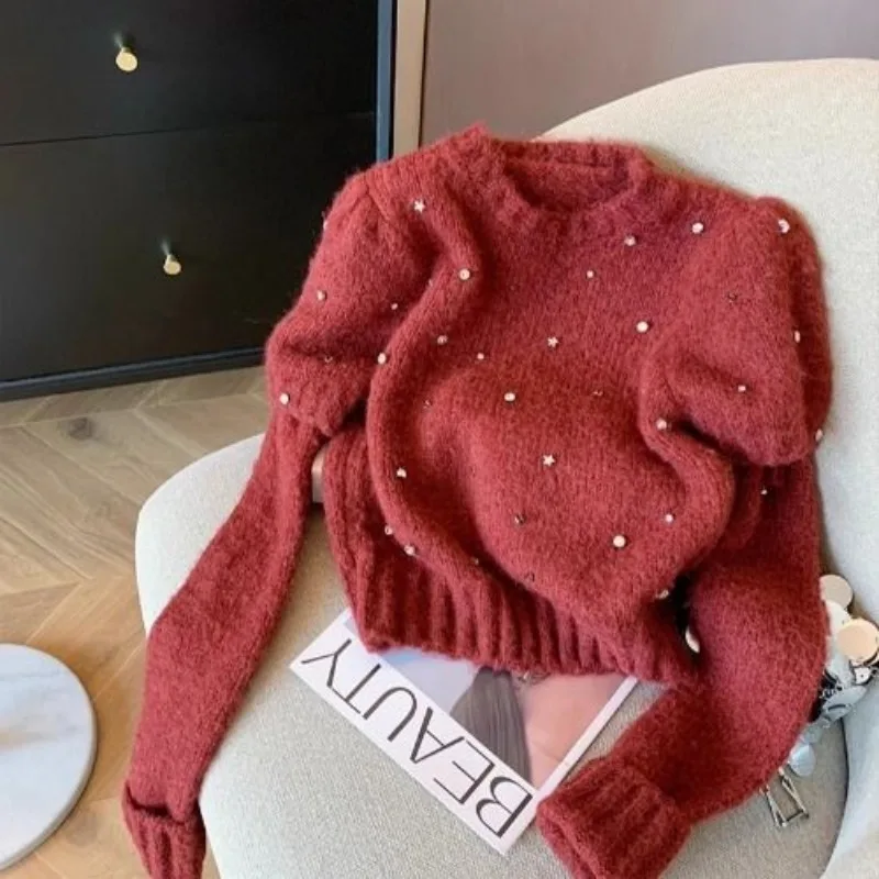 Christmas Red Beaded Round Neck Puff Sleeve Sweater Women's Knitted Sweater Threaded Long Sleeve Top