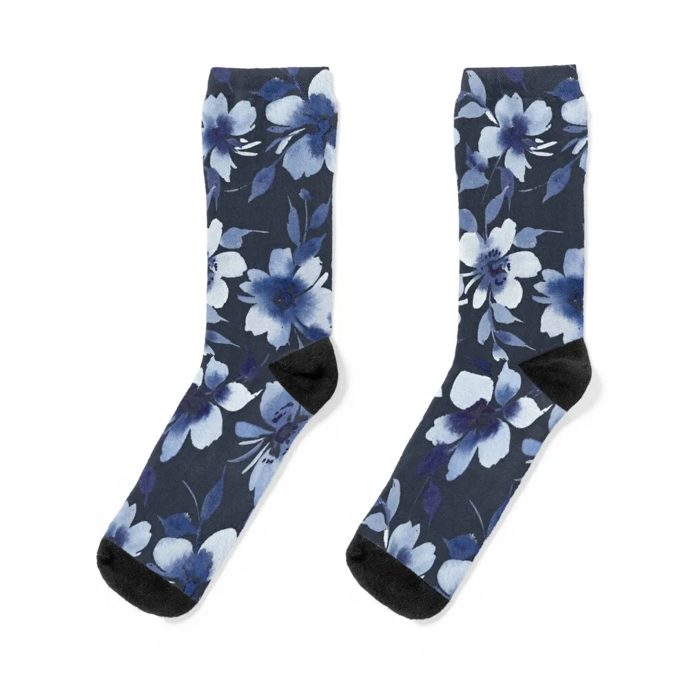 

Indigo Blue Navy Floral Background Socks shoes valentine gift ideas men cotton high quality Running Ladies Socks Men's