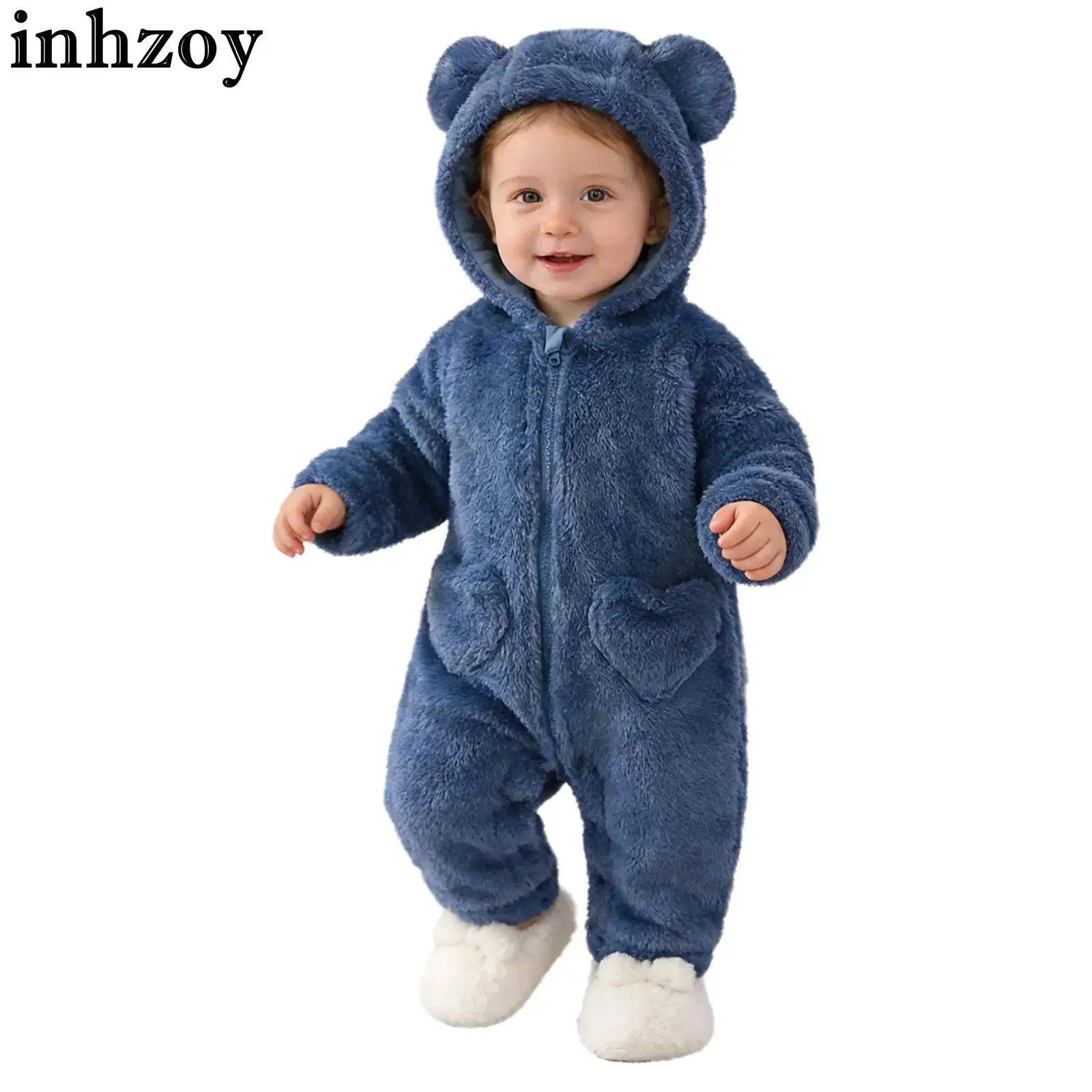 Infant Cute Bear Hooded Romper Outerwear Long Sleeve Zipper Coral Fleece Winter Warm Jumpsuit Coat Loungewear Sleepwear Homewear