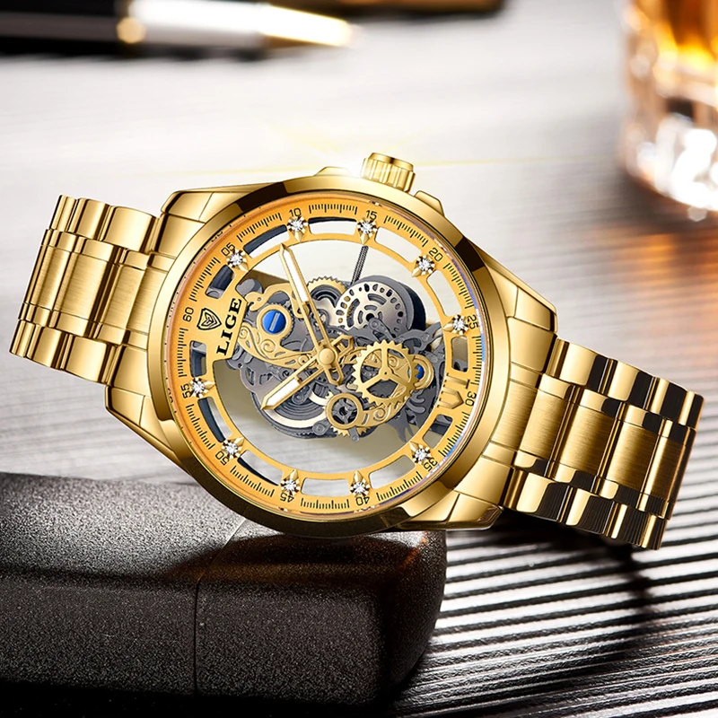 LIGE New Skeleton Design Watch Men Top Brand Luxury Business Quartz Men Watch Fashion Military Waterproof Hollow Chronograph