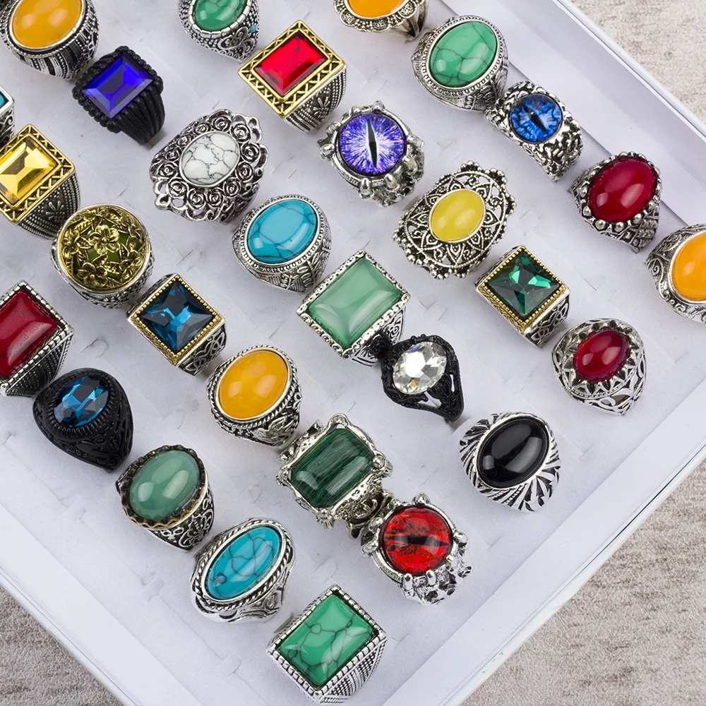 10/20/30 Pcs/Lot Vintage Rings For Men Women Colorful Stone Carved Flowers Fashion Jewelry Accessories Party Gift