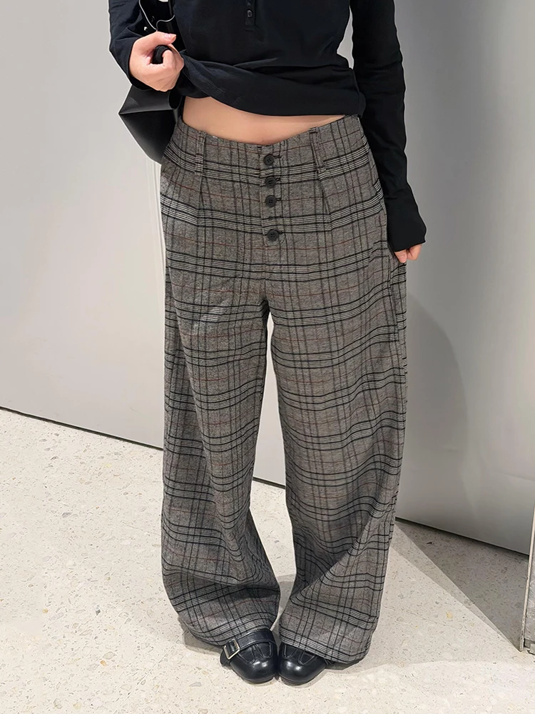 ReddaChic Retro Gray Plaid Tweed Pants Women Vintage High Waist Cleanfit Pleat Button Down Wide Leg Palazzo Pants Lounge Costume