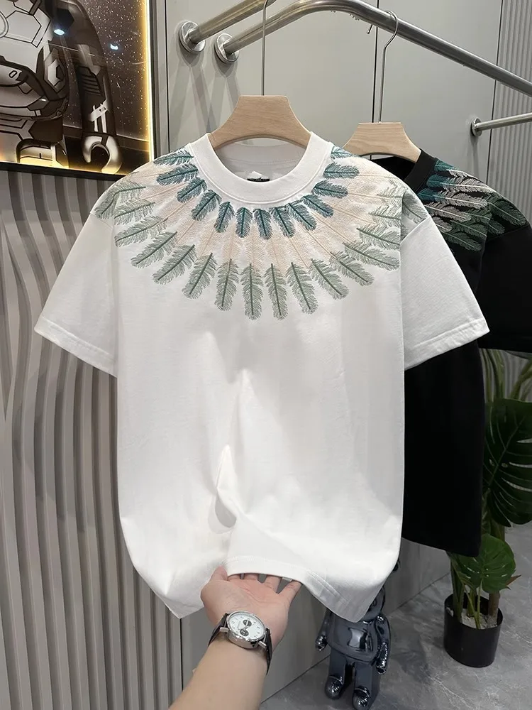 2025 Hot Sale Summer Peacock Feathers Embroidery Unisex T-Shirt Loose Fit Casual Tees O-Neck Short Sleeve Chic Youthful Pullover