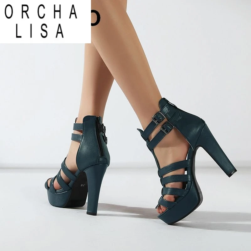 

ORCHA LISA Design Women Sandals Peep Toe Chunky Heels 11.5cm Platform 3.5cm Zipper Buckle T-Strap Big Size 48 49 50 Dating Shoes
