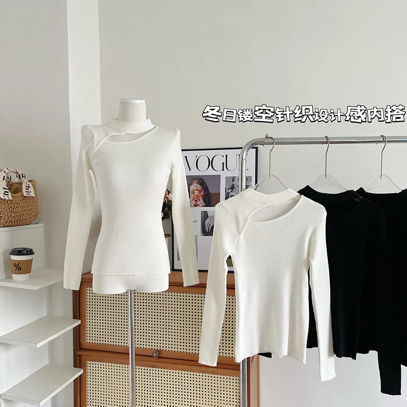 

Hollow Out Sexy Long Sleeve Top For Women Autumn Short Fitting Knit Sweater Tops Casual Pullover Knitwear