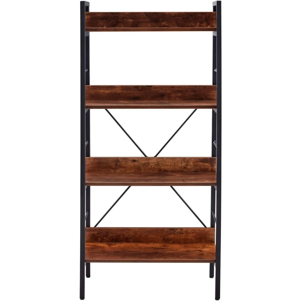 رف كتب بإطار معدني مع أرفف على شكل سلم، وحدة رف تخزين MDF بلمسة نهائية بنية للمكتب المنزلي #3