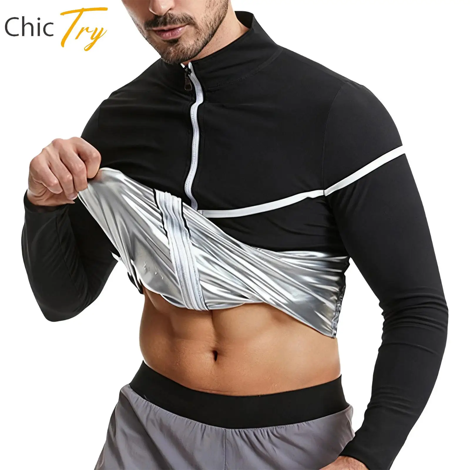

New Mens Sweat Sauna Tops Yoga Gym Workout Sportswear Body Shaper Bodybuilding Sweatshirt Long Sleeve Contrast Color Trim Jacket
