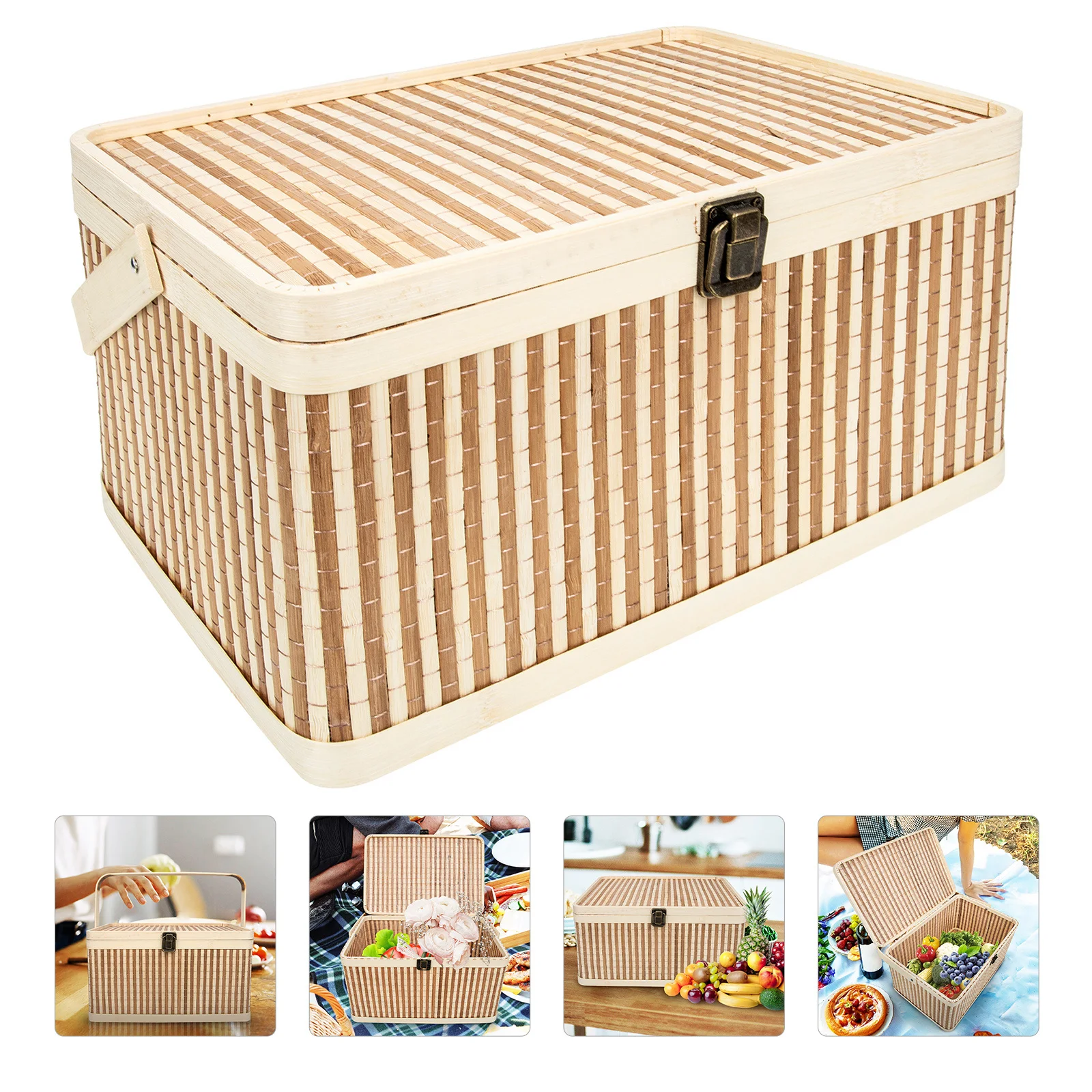 

Bamboo Basket Lidded Handwoven Fruit Storage Container Portable Moon Cake Gift Box Handle Design for Home Picnic Storage