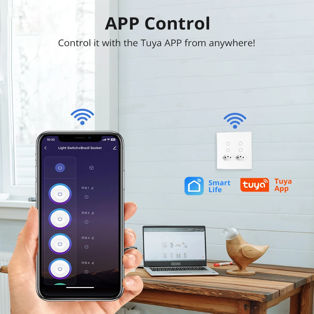 Yagusmart Tuya WiFi 4x4 Wall Switch with Brazil Sockets 4 Gang Touch Glass Switches with 2 16A Outlets Alexa Google Home Control