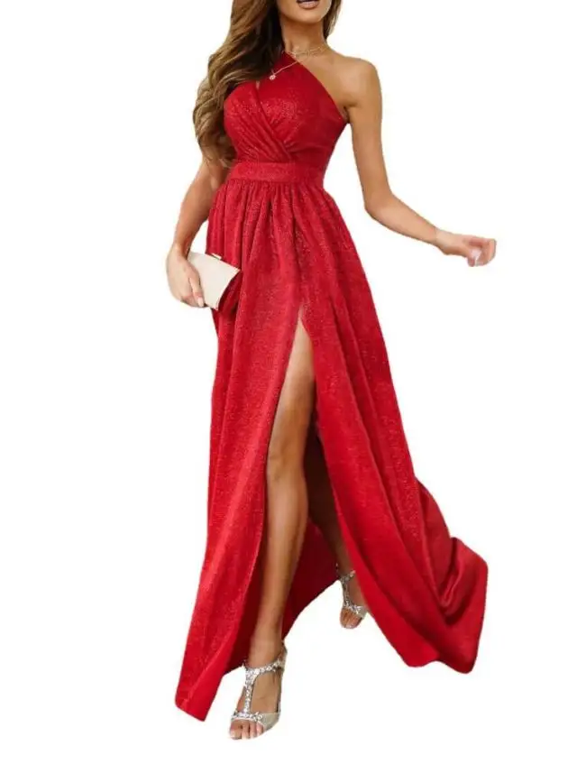 Women One Shoulder Glitter Maxi Evening Dress Cutout Sleeveless High Waist High Slit Formal Party Gown