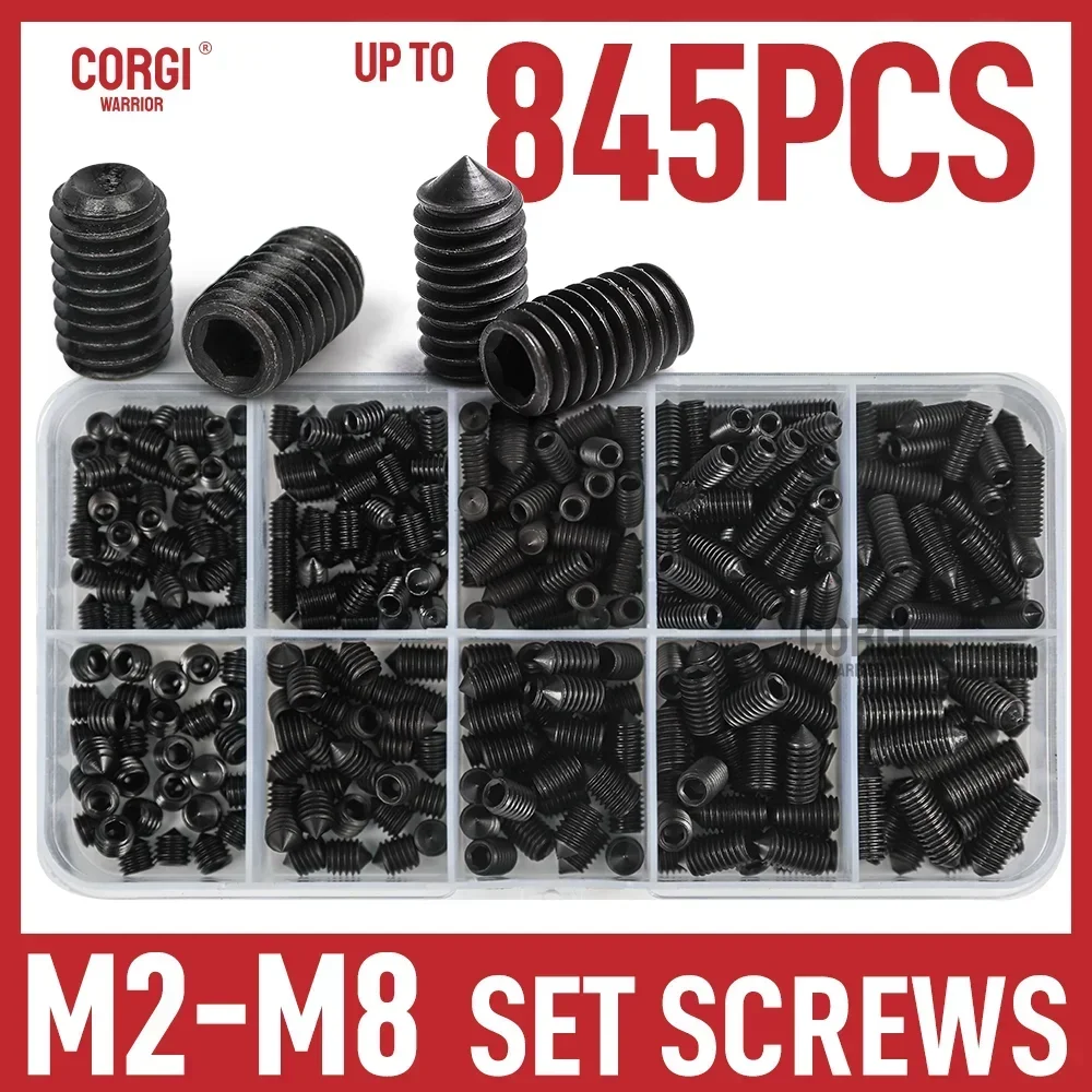 Assortiment beker-/kegelpuntstelschroeven Maximaal 845 metrisch M2 M2.5 M3 M4 M5 M6 M8 kop inbus zeskant 12,9 gelegeerd staal stelschroevenset