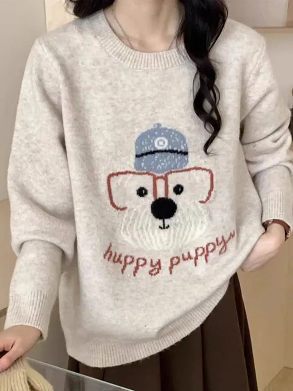 

Korean Style Soft Plush Embroidered Cartoon Dog round Neck Pullover Sweater Women's Autumn Winter Lazy High-End Knitted Shirt