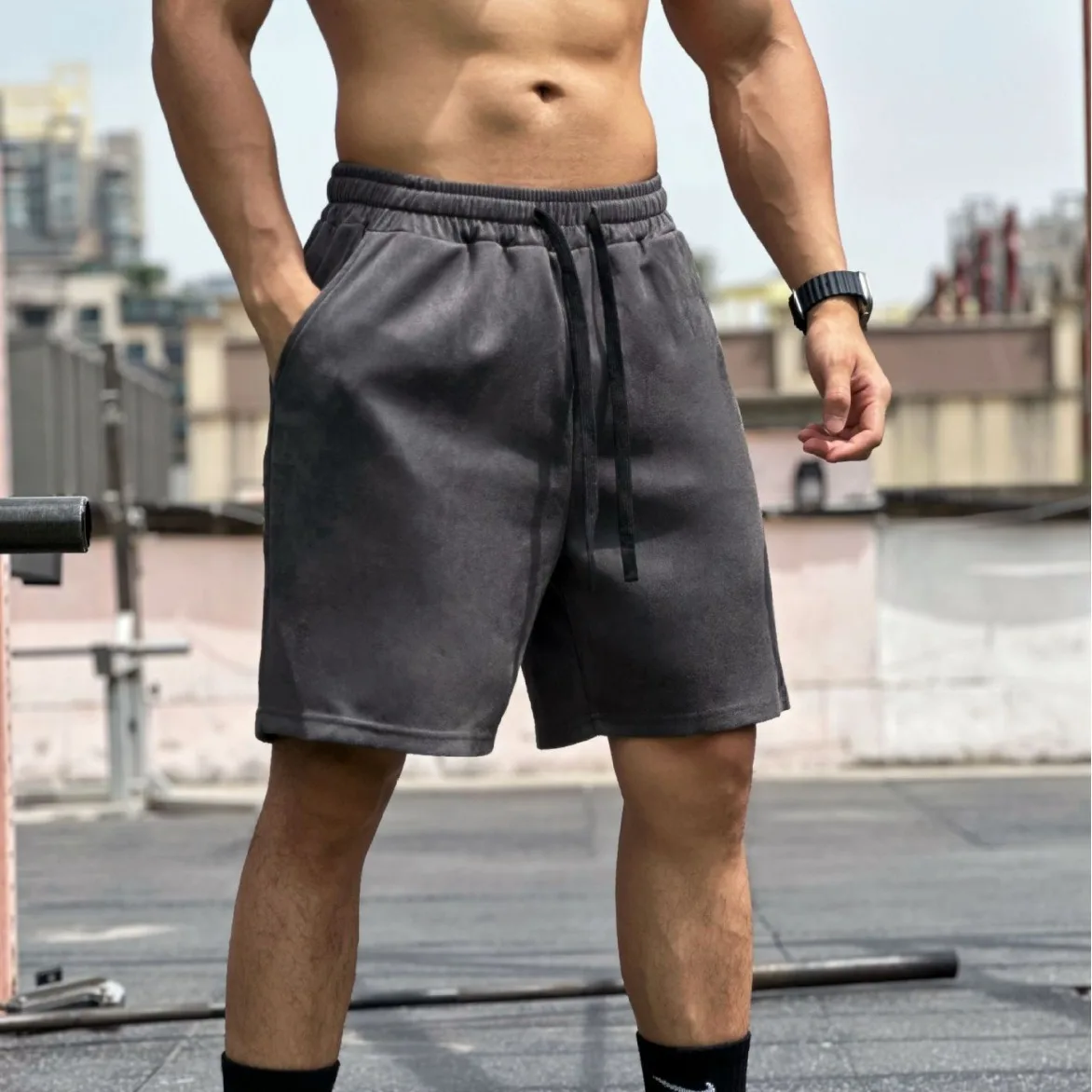 Mens quick dry basketball shorts 5 point length suede fabric for boxing fitness training