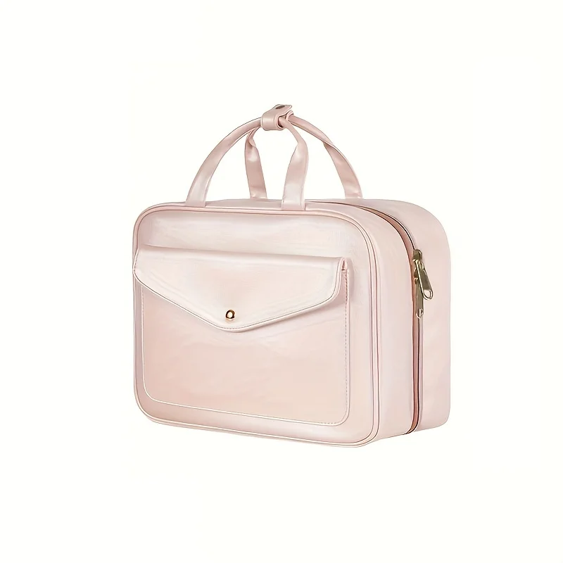 

1pc PU Leather Travel Toiletry Bag With Convenient Buckle, Portable Foldable Water-resistant Makeup Bag Cosmetic Bag, Wash Bag