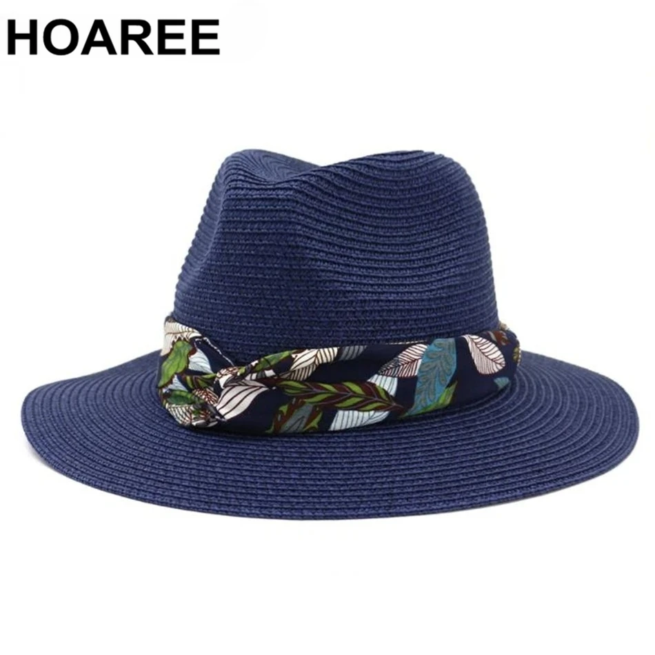 

HOAREE Navy Sun Hat Women Straw Panama Hat Female Floral Belt Beach Fedora Outdoor Summer Khaki Wide Brim Ladies Jazz Hat
