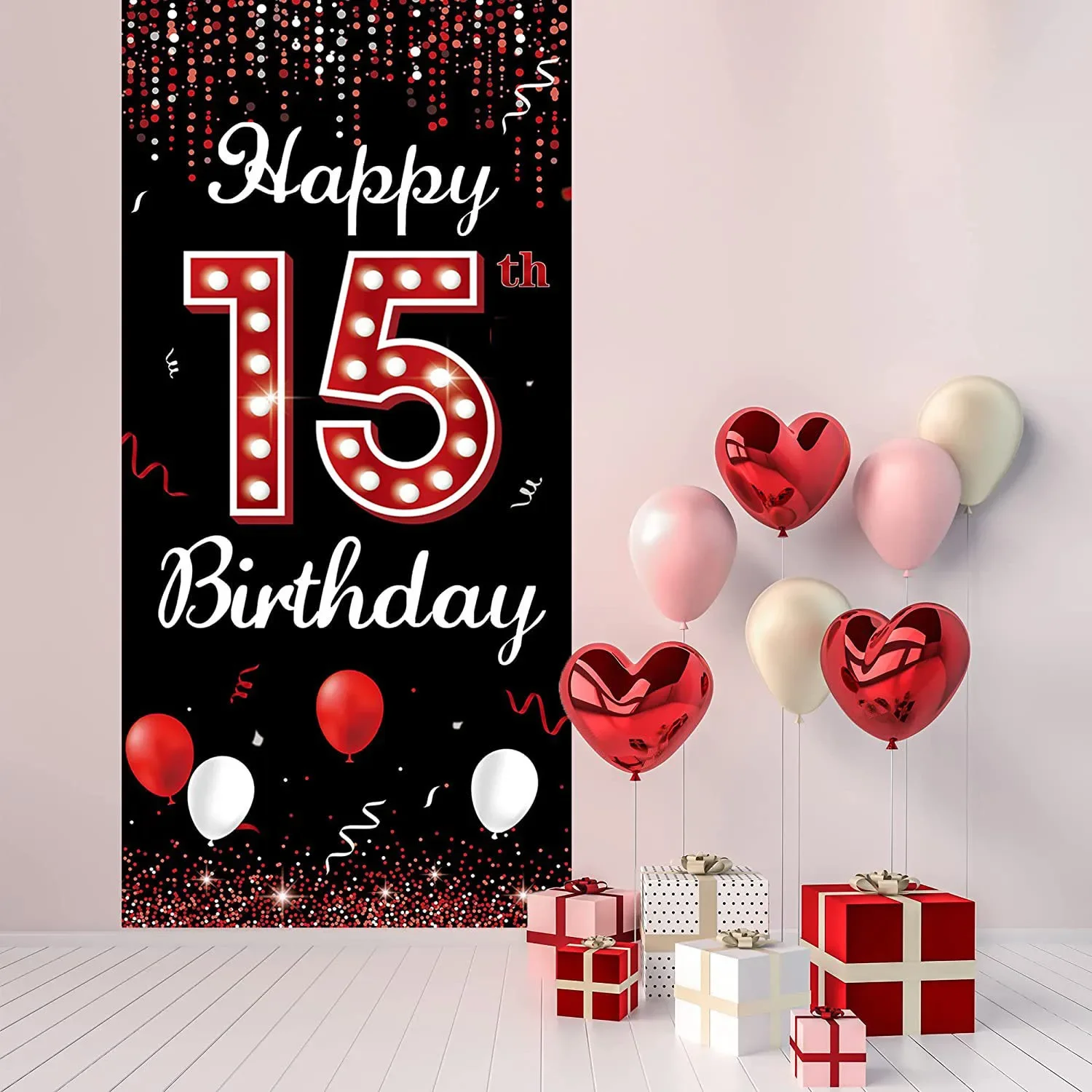 Happy 15th Birthday Party Decoration Cake Backdrop for Girls Red and Black 15 Years Old Fifteen Bday Poster Background