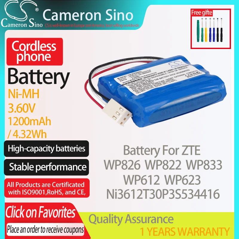 CameronSino Battery for ZTE WP826 WP822 WP833 WP612 WP623 fits ZTE Ni3612T30P3S534416 Cordless phone Battery,Landline battery