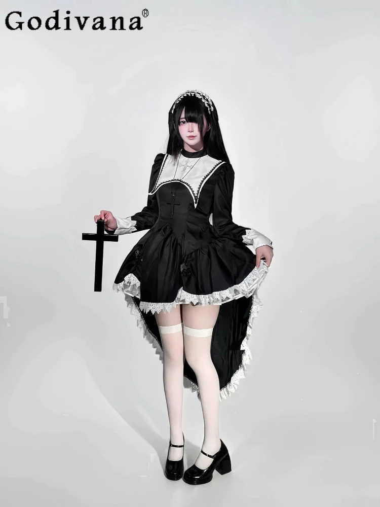 

Японское оригинальное платье в стиле Лолита: готический темный дизайн, вышивка крестом, костюм монахини на Хэллоуин для милых и стильных девушек