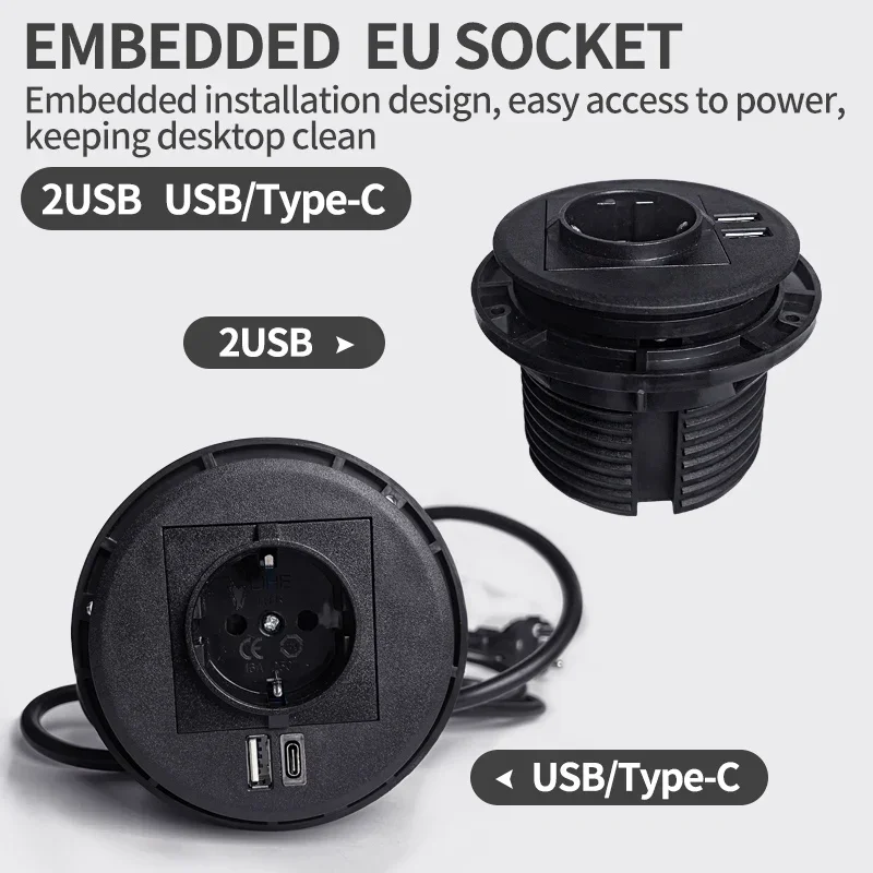 

Desktop adapter Multifunctional EU Socket with 2USB/USB Type-C Recessed Desktop Plug Round Socket