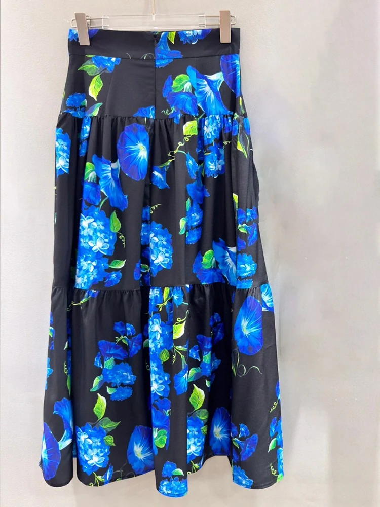 Retro printing long overskirt Joker temperament seaside holiday swing A-line skirt 2024 summer new high waist skirt