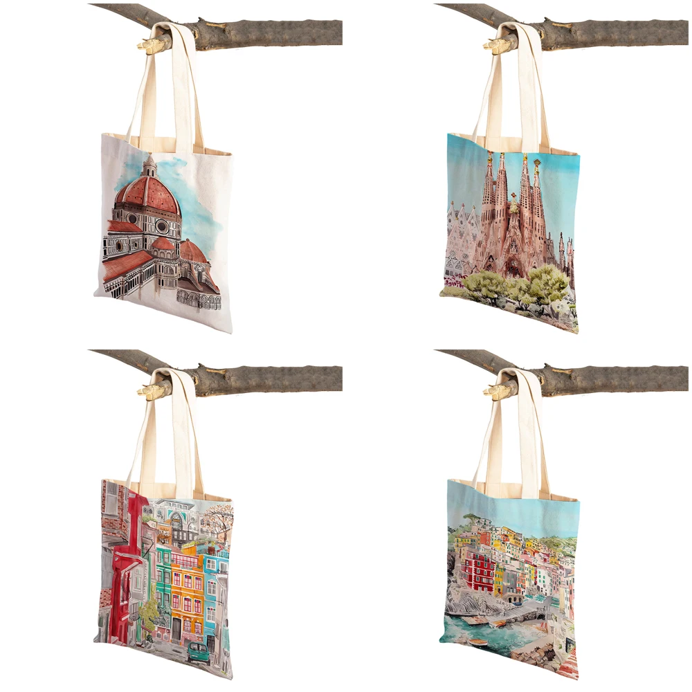 London Spain Italy Barcelona Paris France City Lady Shopper Bag Double Print Handbag Fashion Casual Women Shopping Shoulder Bags