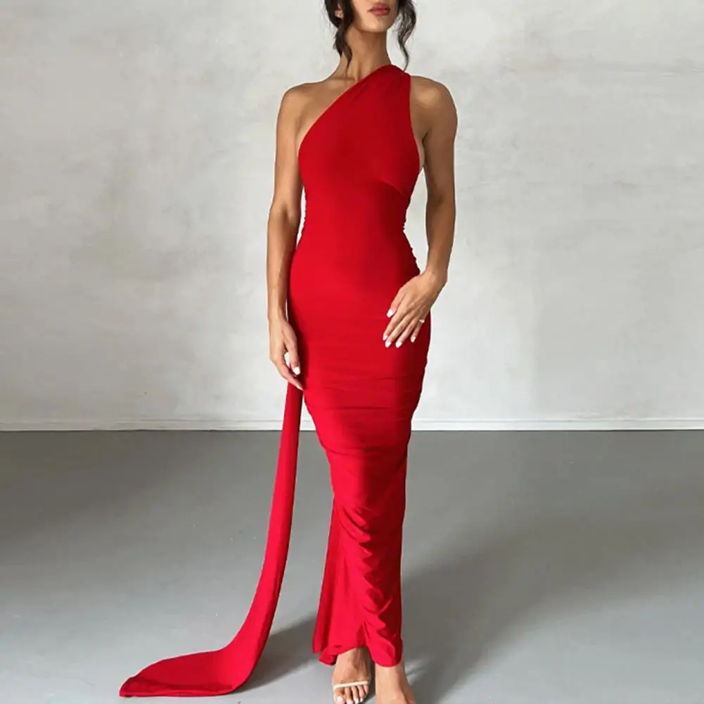 

Women Evening Dress Halter Neck Irregular Backless Off Shulder Sleeveless Dresses Floor Length Pleated Party Maxi Dress