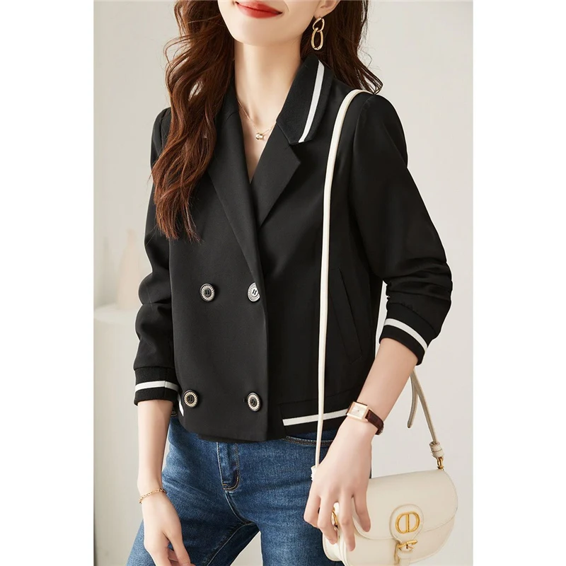 Primavera outono moda feminina contraste cor simples chique duplo breasted entalhado blazers feminino coreano solto rua outwear casaco