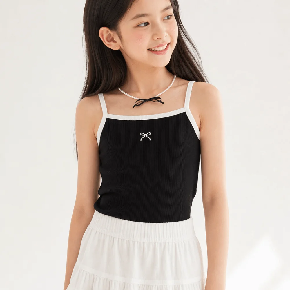 Ribbed Knit Girls Camisole Top Spaghetti Straps Contrast Trim Cropped Vest Round Neckline Soft Fabric Sleeveless Top Inner Layer