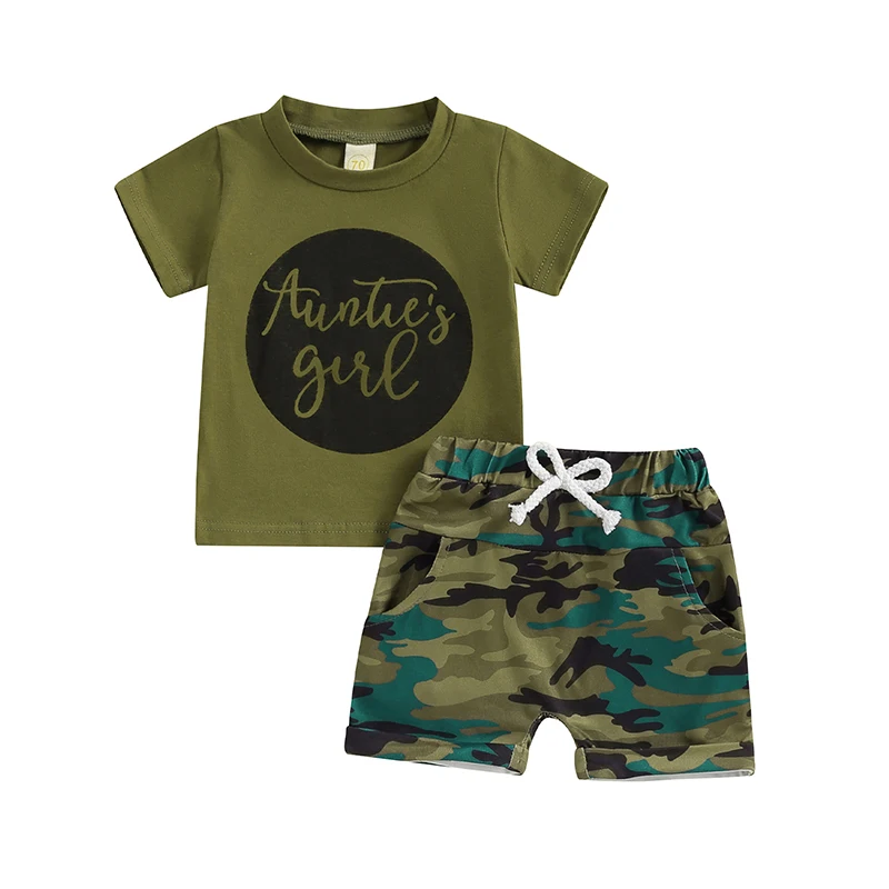 

Baby Girl 2 Piece Outfits Round Neck Short Sleeve Letter Print Tops + Elastic Waist Camouflage Shorts Infant Toddler Summer Set