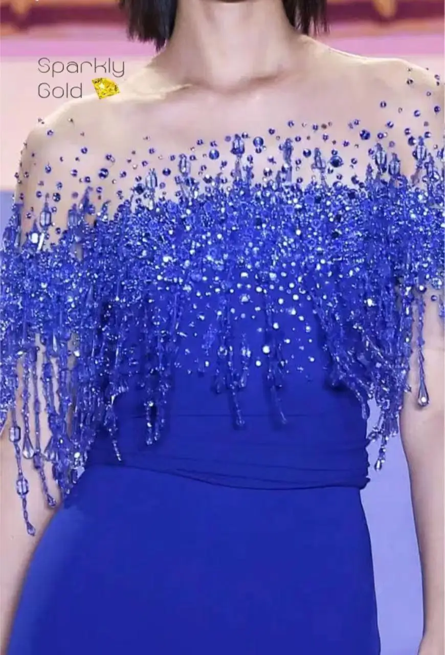 L456 เซ็กซี่ Navy Blue Crepe คริสตัลลูกปัดนางเงือก فساتة vestidos de fiesta فساتชุดราตรี