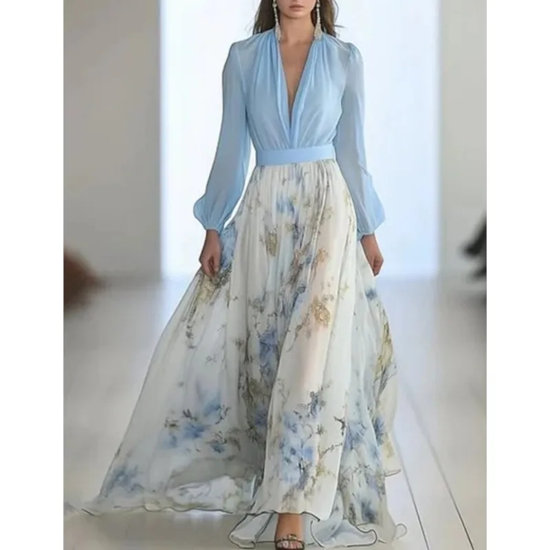 Eleganckie sukienki maxi z kwiatowym nadrukiem i patchworkiem, seksowny dekolt w serek, wysoki stan, długa szata, jesienne bufiaste rękawy, luźne sukienki w stylu boho.