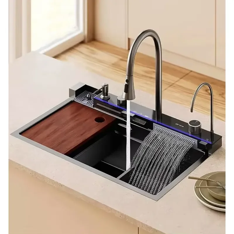 FY Black Honeycomb Apron Front Large Single Bowl Stainless Steel Kitchen Sink with Waterfall Faucet Modern Smart For Home
