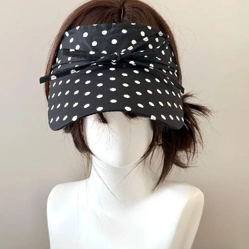 French Retro Polka Dot Sun Hat For Women Elegant Bow Knot Empty Top Visor Hat Summer Wide Brim Beach Cap Casual Outing Hats