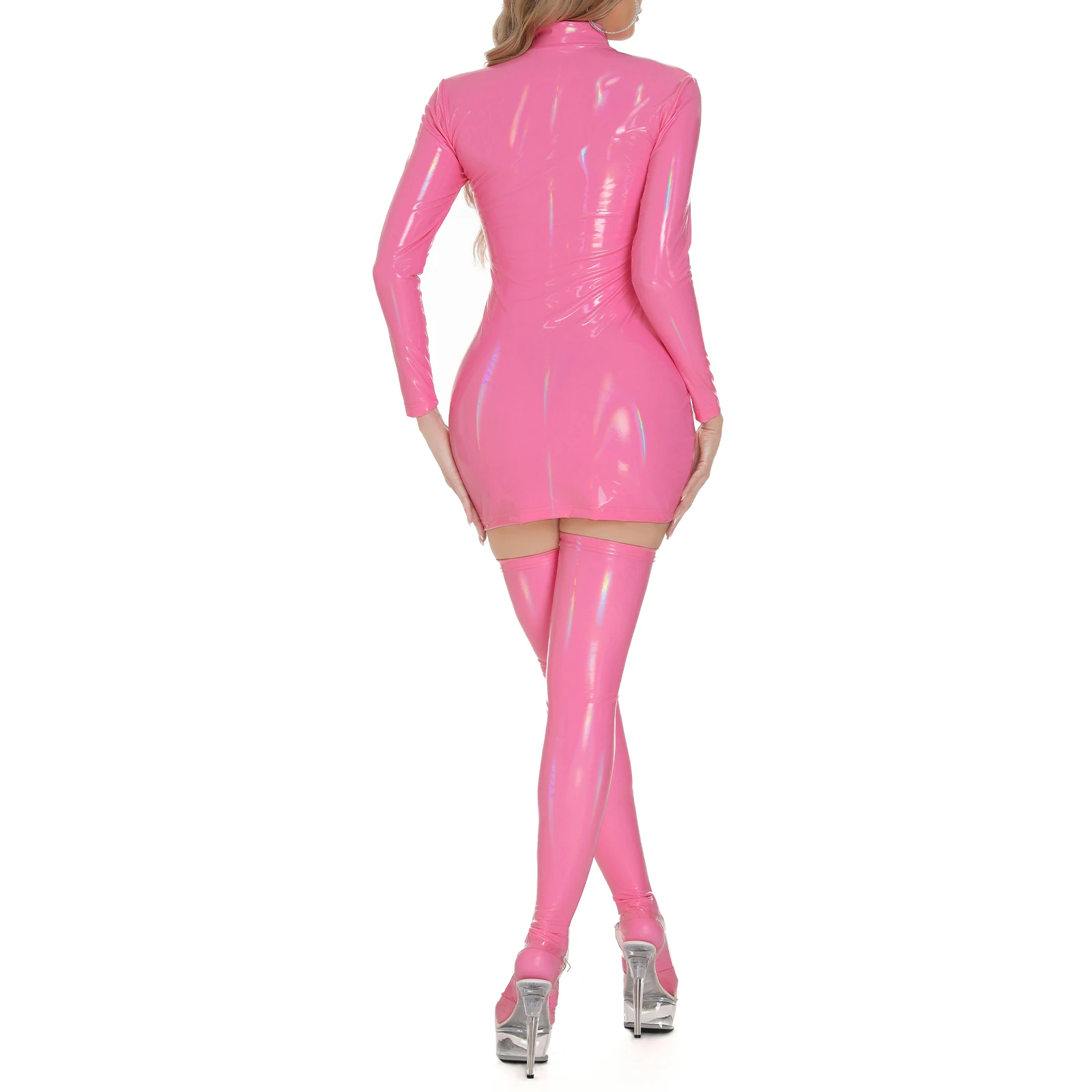 Vrouwen wetlook lakleer bodycon jurk uitgesneden korte konijntjesjurk met kousen set rave party club wear paaldanskostuum