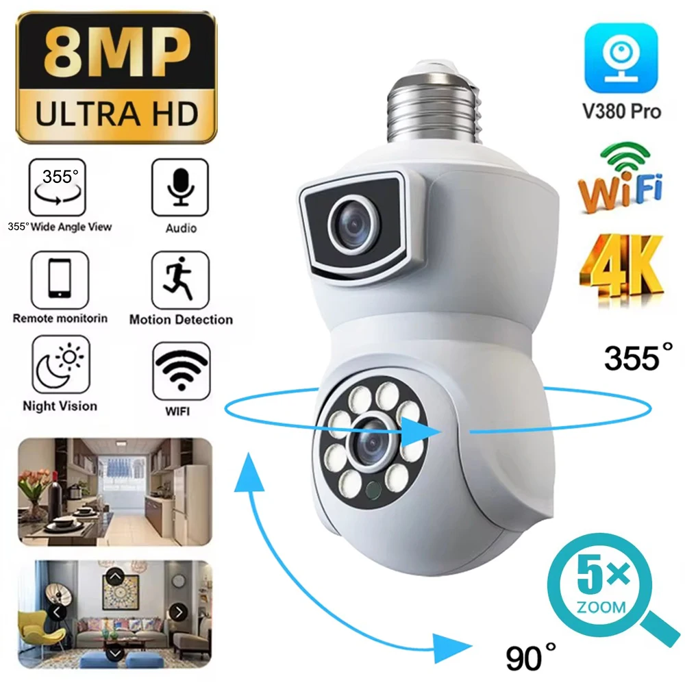 8MP E27 Bulb WiFi Camera Security Protection Indoor Dual Lens Dual Screen Human Tracking Night Vision IP Camera Two-Way Audio