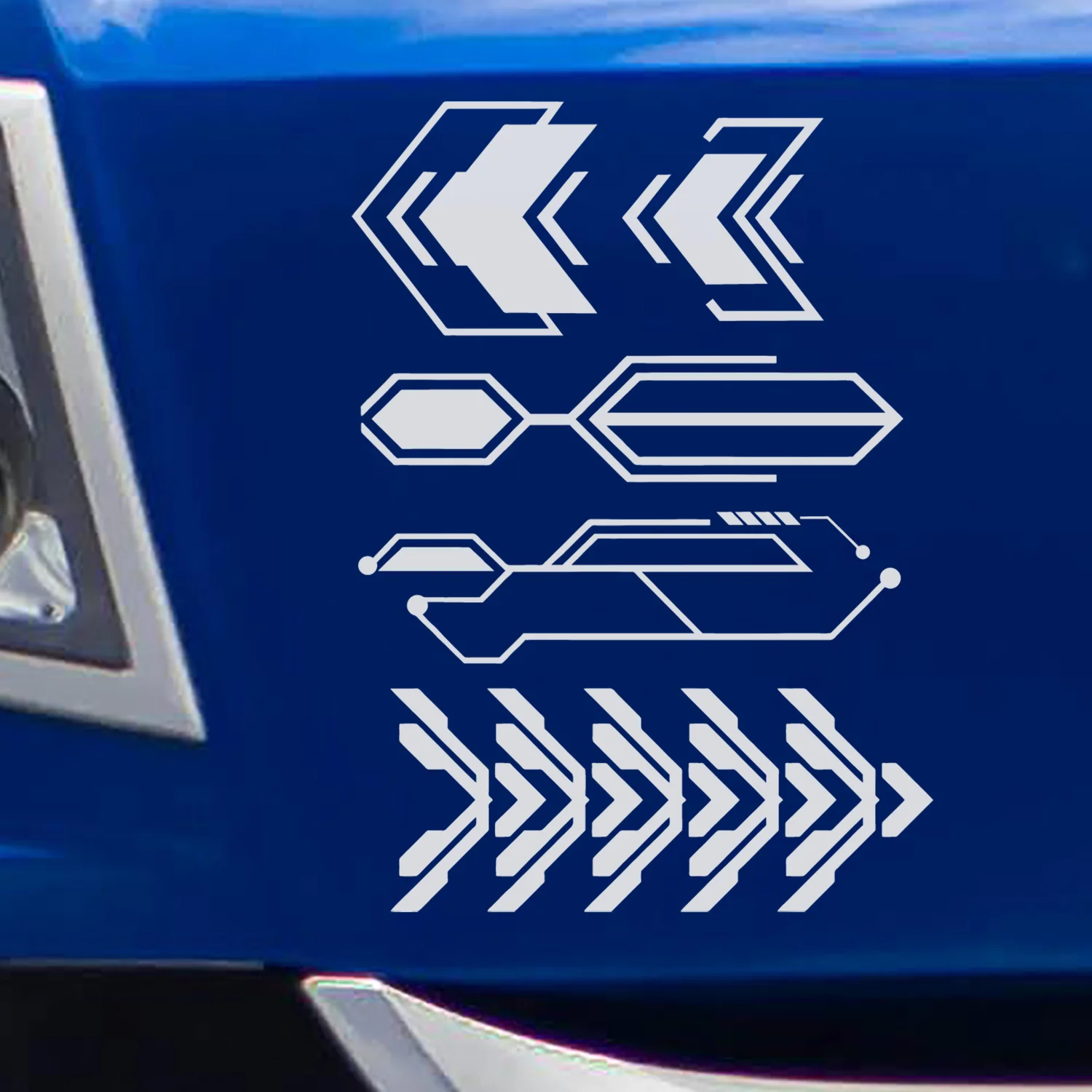 

mechanical vertebrae directional arrow sticker - bright blue and white design, suitable for motorcycles, cars, trucks