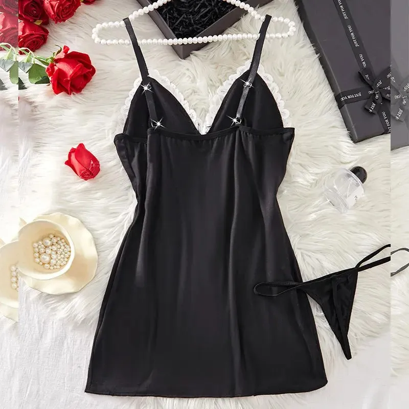 Noční soupravy pro dospělé mikro šaty s výstřihem do V, dámské pyžamo, sexy kostým, krajkové noční košilky, sexi pyžamo, spodní prádlo, tanga - náhled 2