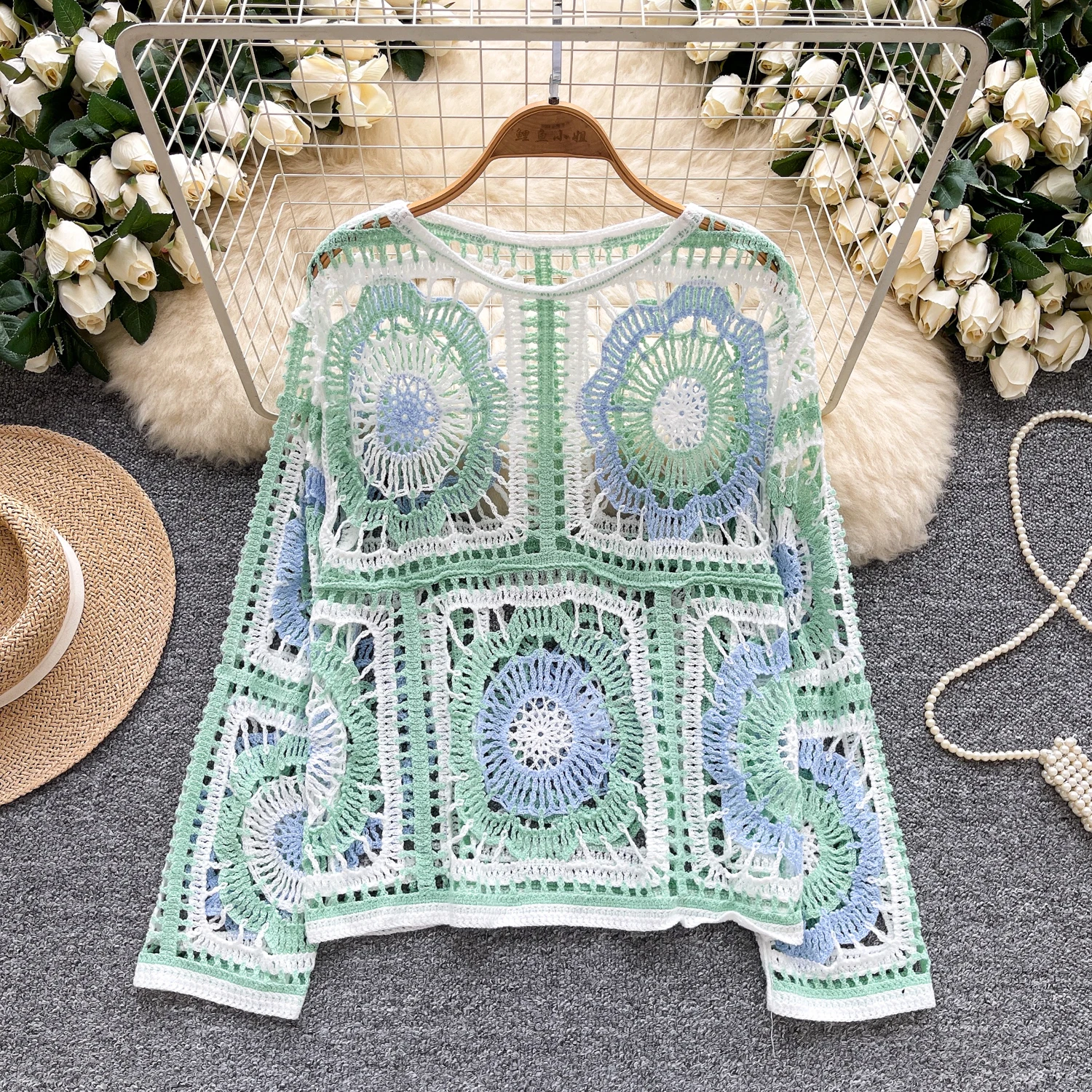 

2025 Spring/Autumn Beach Vacation Outerwear For Women Bohemian Vintage Hollow Crochet Round Neck Long-Sleeve Knit Tops