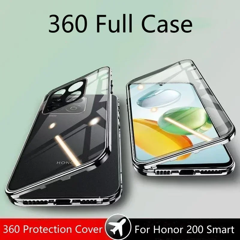 

360 Full Case For Honor 200 Smart 5G Double Sided Magnetic Adsorption Metal Tempering Glass Protection Cover For Honor X7C 4G
